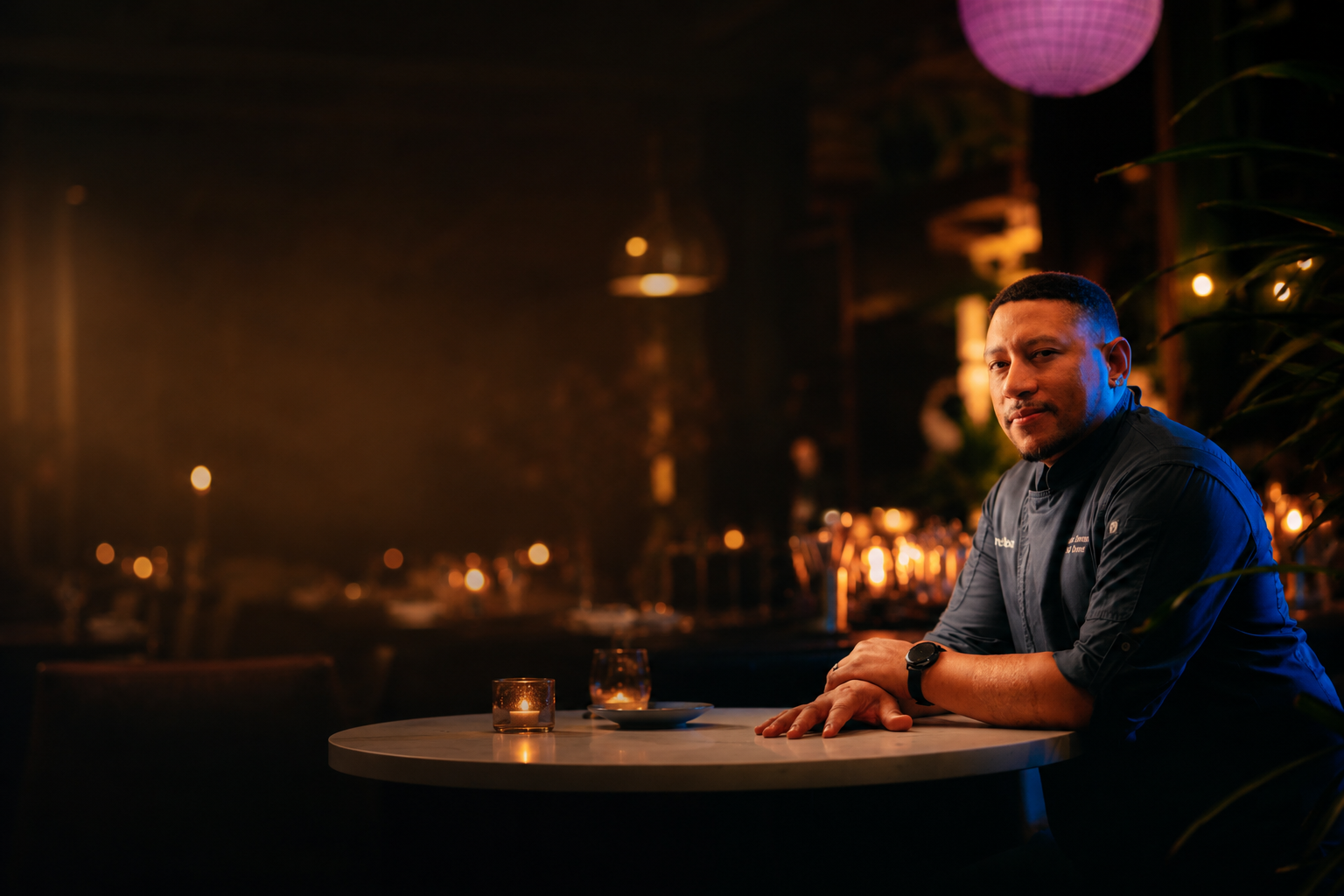 Chef Nelson German seated at a table inside his restaurant