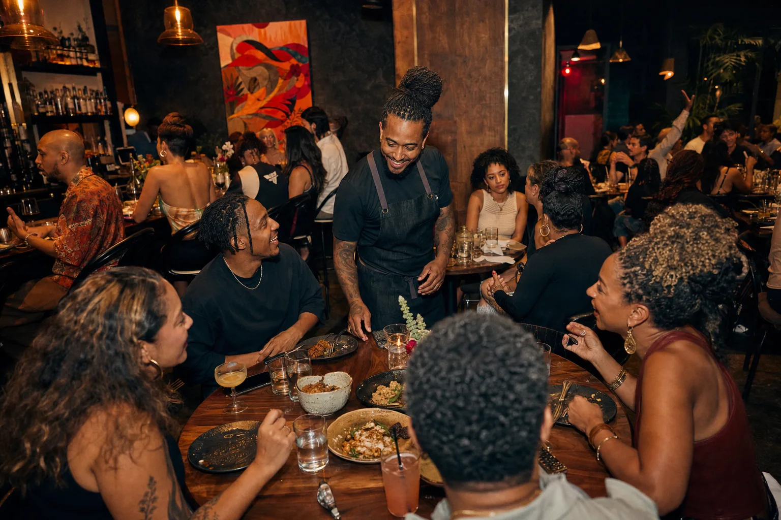 Guests gathering around a table in a lively dining room