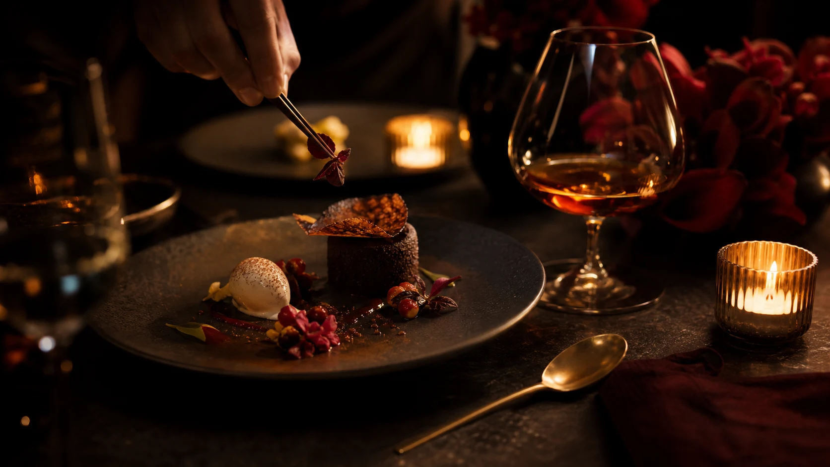 Candlelit dessert and amber cocktail course with burgundy flowers and brass cutlery